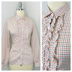 Vintage College Town Button Front Shirt Size Medium Ruffle Check Print 60s 70s